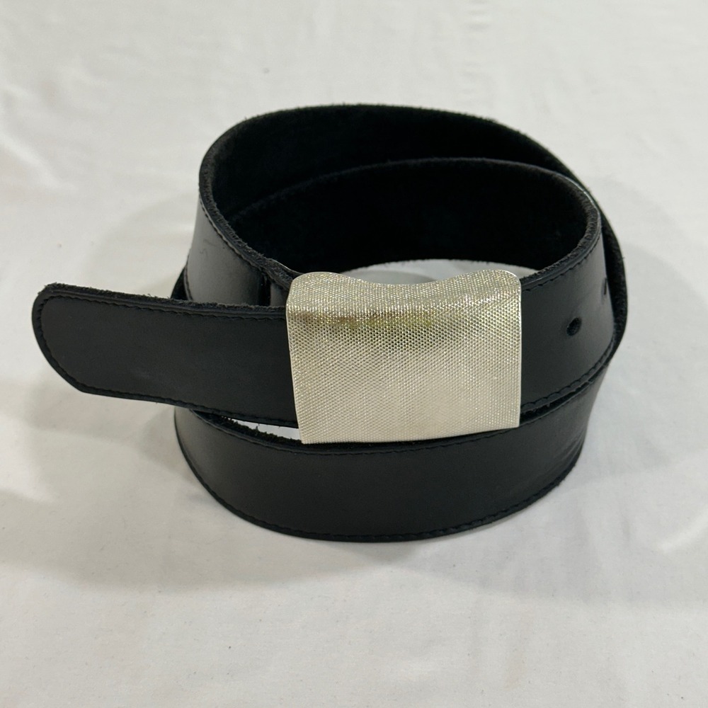 Jamie Leather Belt 34 Mens Black Silver Plaque Buckle Made in USA Minimalist